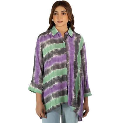 Shirt, Tie-Dye Georgette Button-Down in Grey, Purple, Green & White Hues, for Women