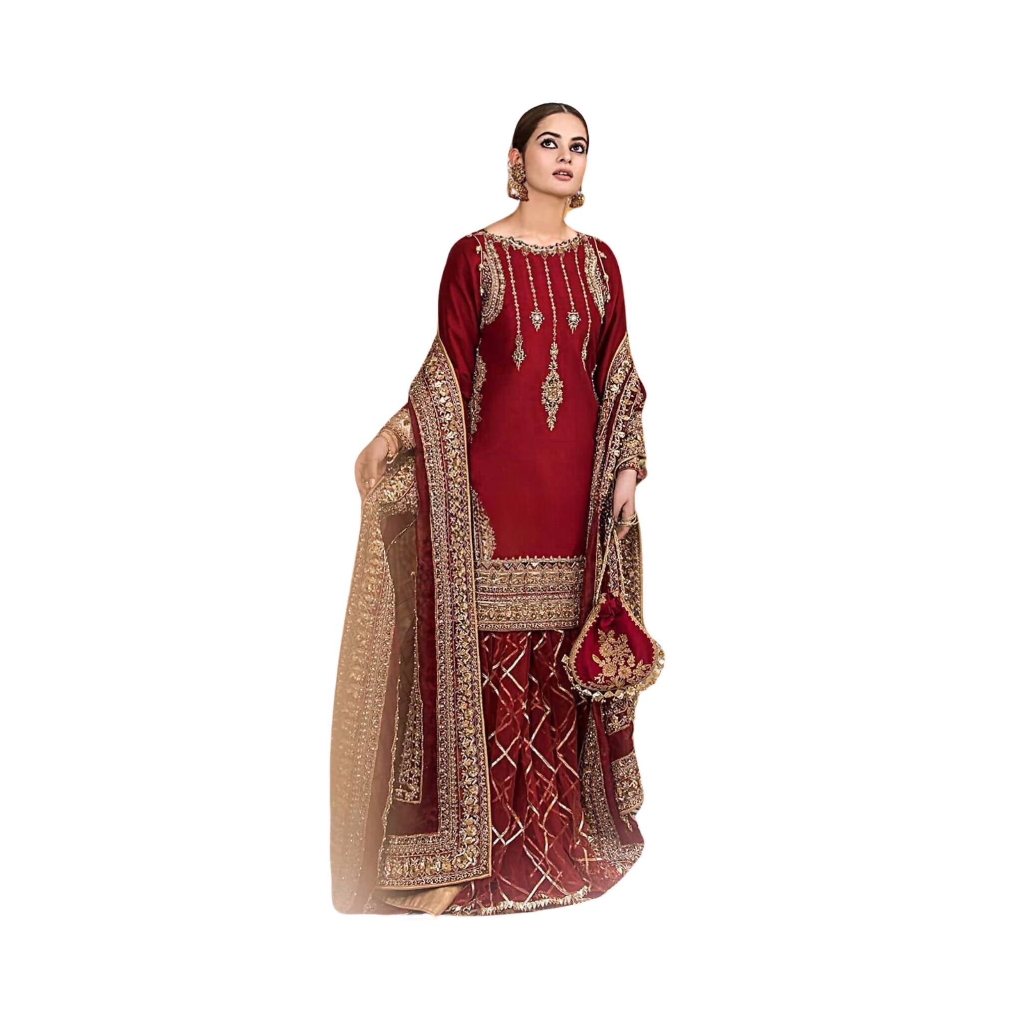Unstitched Suit, Luxurious Silk & Net Ensemble: Heavy Embroidery & Lehenga Option