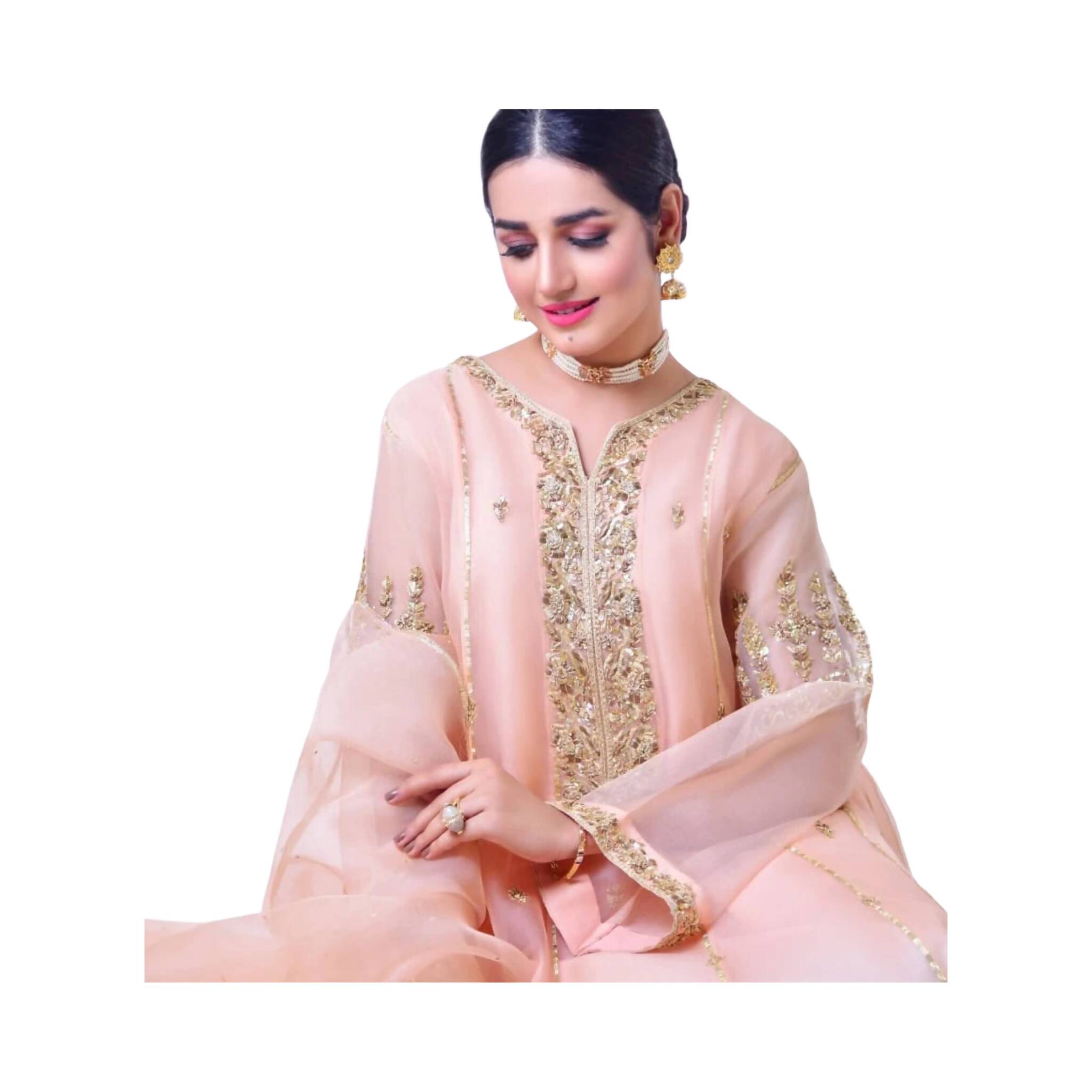 Unstitched Suit, Organza Malai Ensemble & Embroidered Front, Zari Sleeves