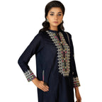 Suit, Embroidered 3Pc Ensemble with Pearls & Shell Buttons, Traditional-Contemporary Fusion