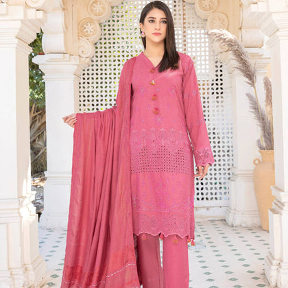 Unstitched Suit, Peach Leather with Chikankaari Embroidery & Velvet Shawl