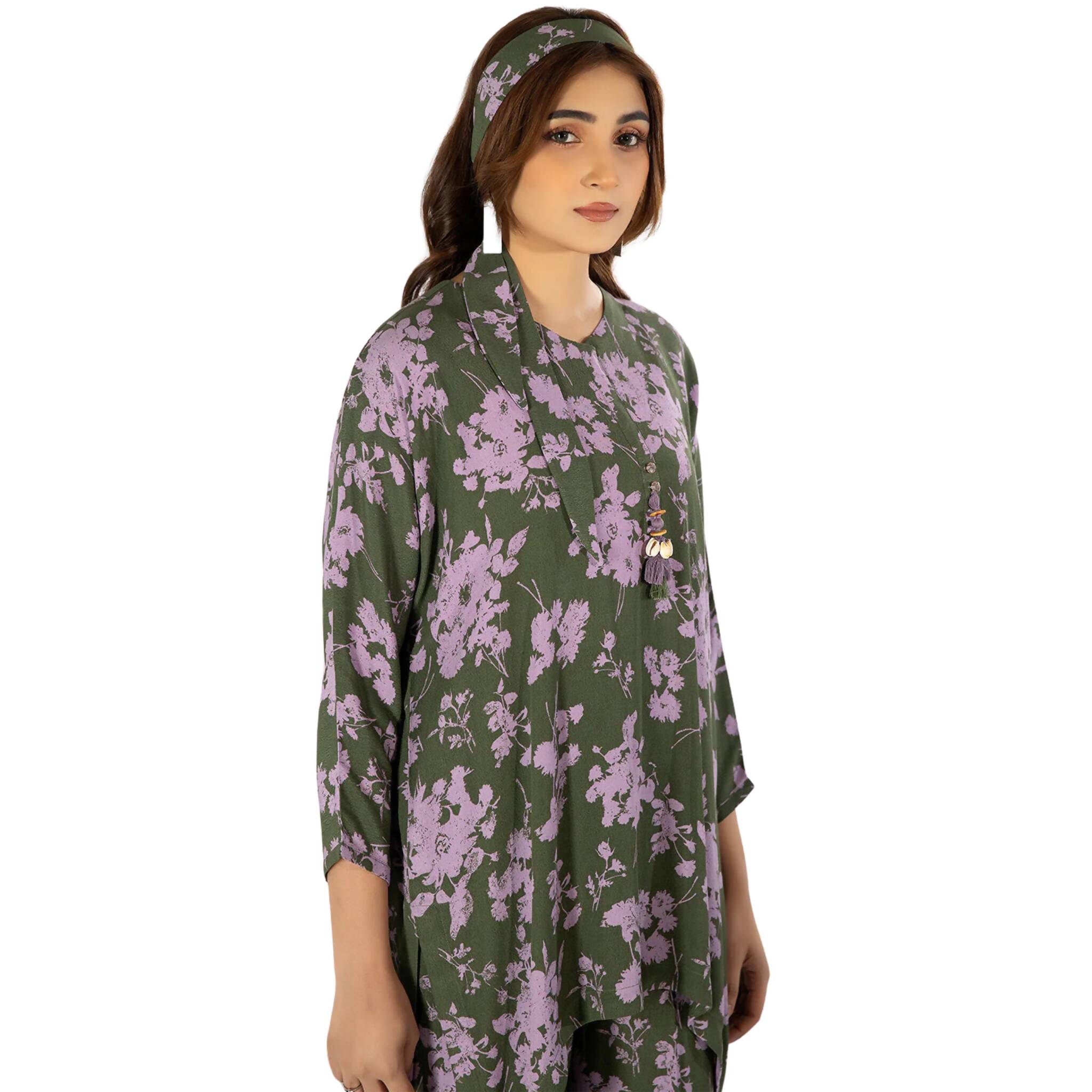 Co-ord Set, Green Purple 2Pc Georgette with Shell & Button Tassel Detailing