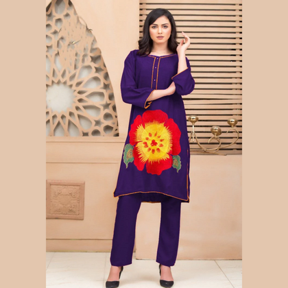 Unstitched Suit, Chic Linen Ensemble with Embroidery Flower - 2 Piece, for Women