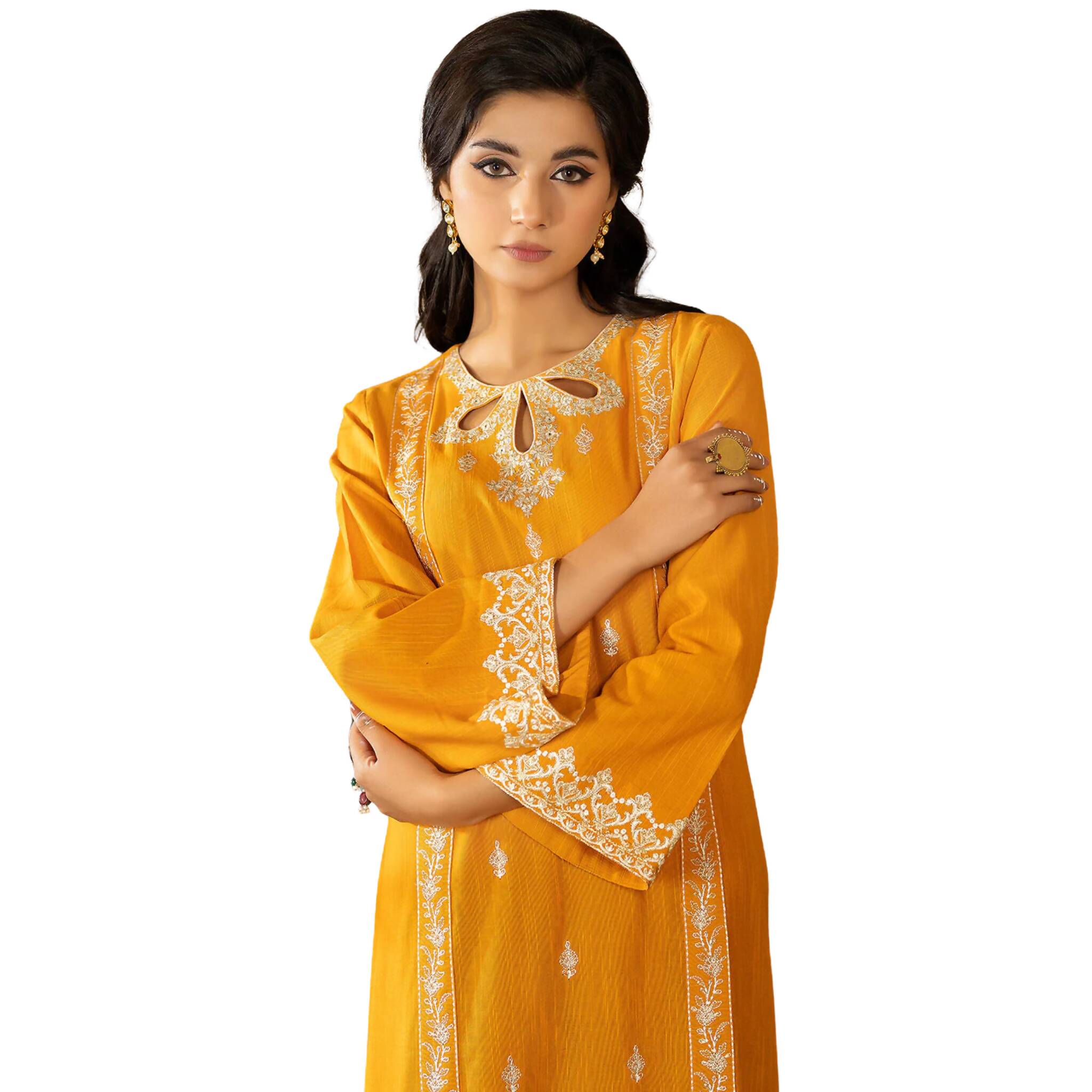 Suit, Mustard Embroidered 2Pc & Elegant Keyhole Neckline, for Stylish Sophistication