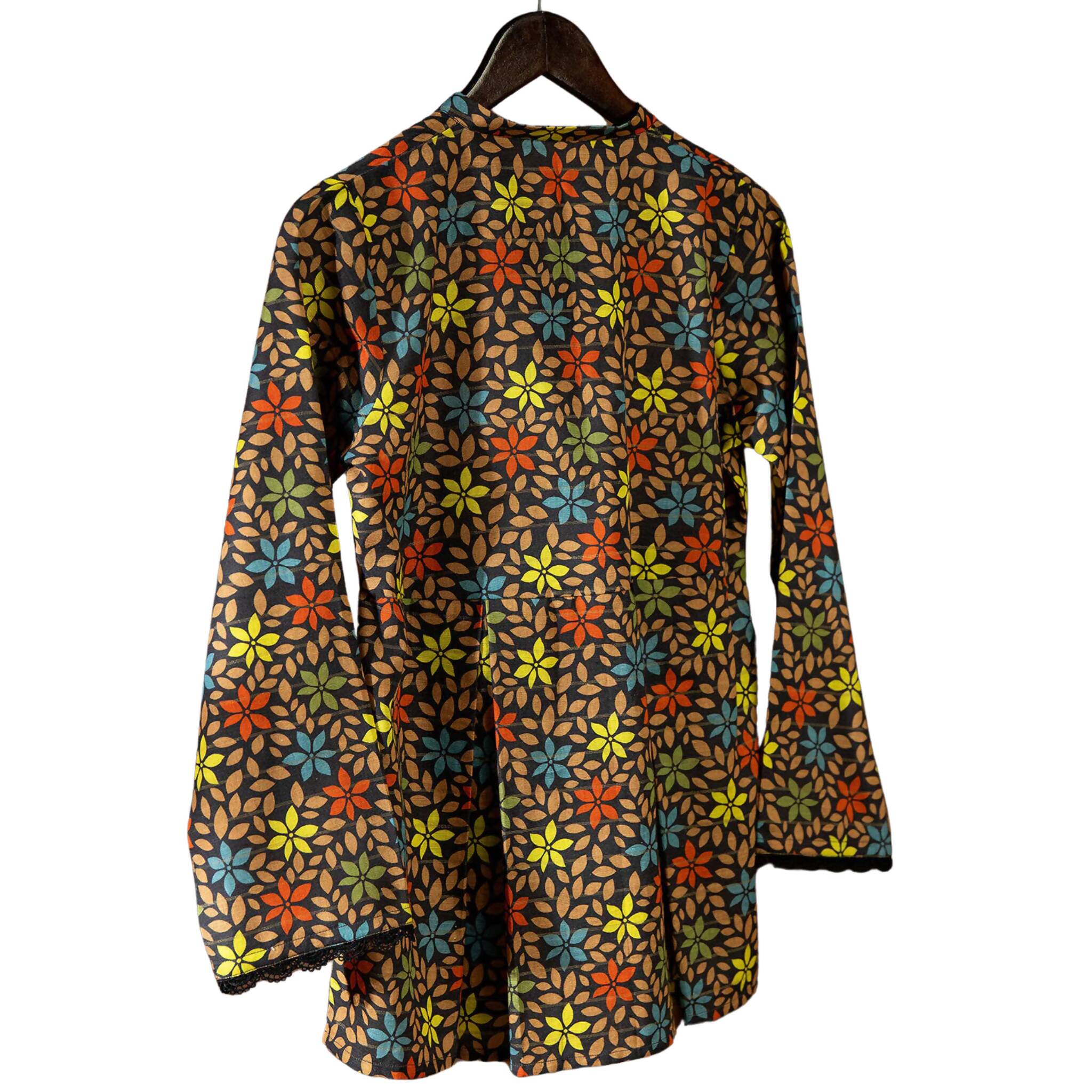 Khaddar Black Peplum, Charming Floral Print, Lace Detailing, Golden Accents