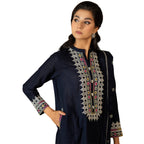Suit, Embroidered 3Pc Ensemble with Pearls & Shell Buttons, Traditional-Contemporary Fusion