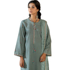 Suit, Sea Green Embroidered 3Pc with Cross-Stitch Vibrant Pink & Green Accents