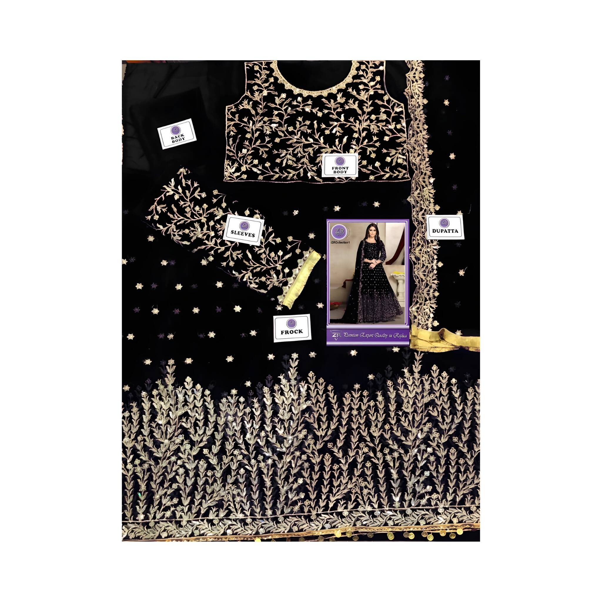 Unstitched Suit, Elegant Chiffon & Malai Ensemble, Zari & Sequins Embroidery