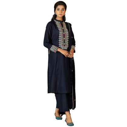 Suit, Embroidered 3Pc Ensemble with Pearls & Shell Buttons, Traditional-Contemporary Fusion