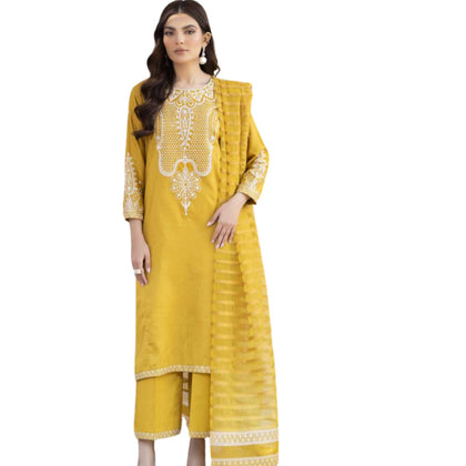 3-Piece Suit, Mustard Elegant Ensemble in Fine Lawn & Cambric Cotton