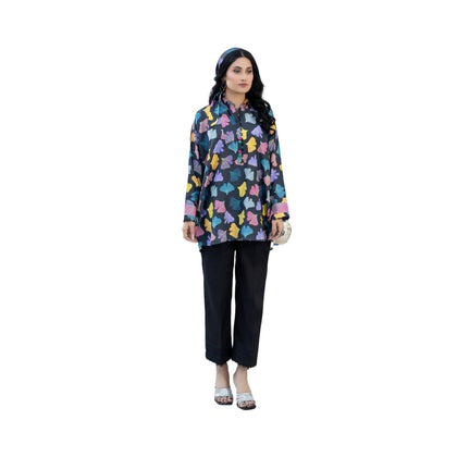 Shirt, Bold & Chic Baggy Viscose Lawn Printed Black with Abstract Leaves