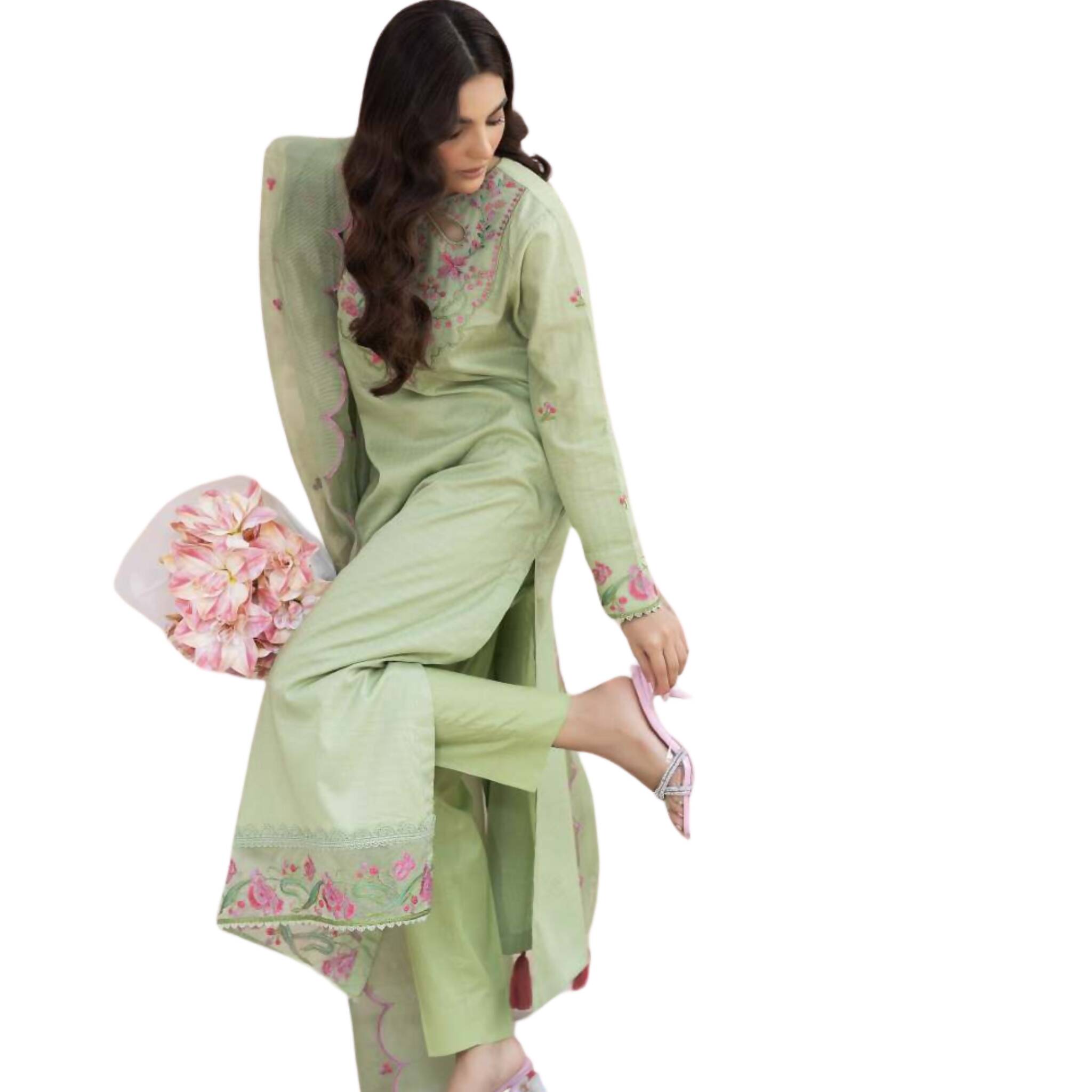 3 Piece Suit, Green Breathable Elegance in Fine Lawn & Cambric Cotton