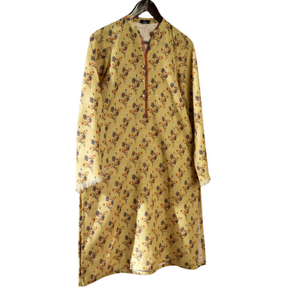 Khaddar Greenish Beige Shirt, Charming Floral Print, Orange Lace Accents, for Women