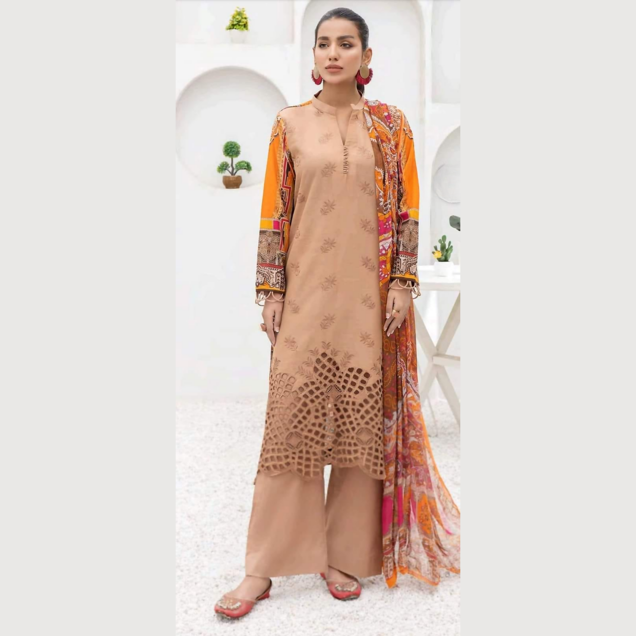 Unstitched Suit, Chikenkarri Printed Dresses with Bamber Chiffon Dupatta, for Ladies