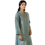 Suit, Sea Green Embroidered 3Pc with Cross-Stitch Vibrant Pink & Green Accents