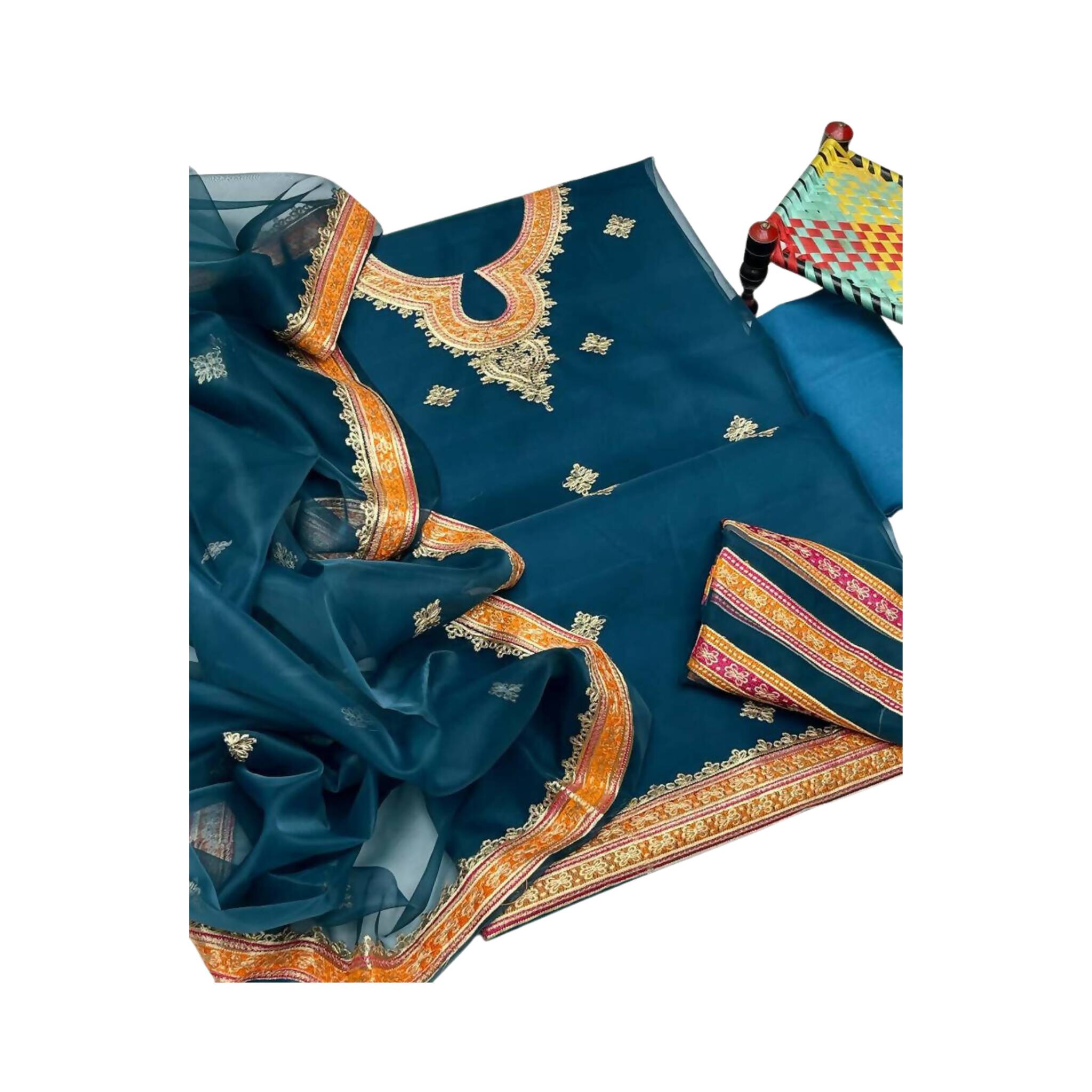 Unstitched Suit, Organza with Machine Embroidery & Resham/Tilla Work, for Women