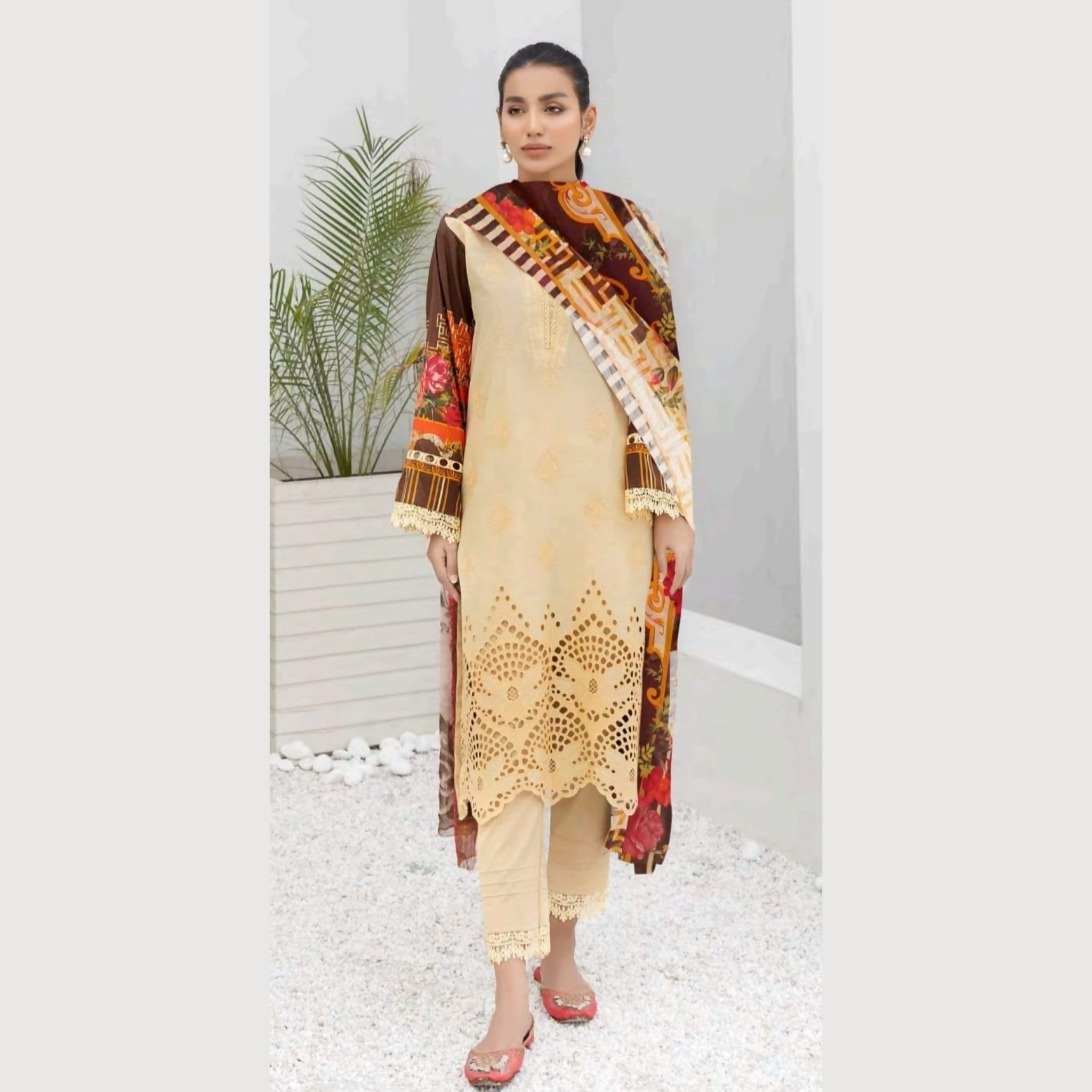 Unstitched Suit, Chikenkarri Printed Dresses with Bamber Chiffon Dupatta, for Ladies