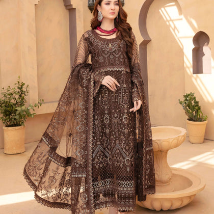 Unstitched Suit, Semi-Stitched Net Shirt with Embroidered Sleeves, for Women