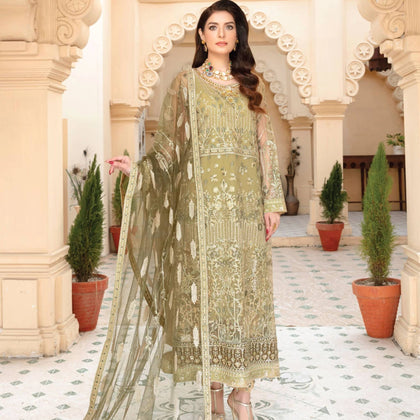 Suit, Semi-Stitched Net Embroidered Ensemble with Dupatta & Dyed Trouser, for Women