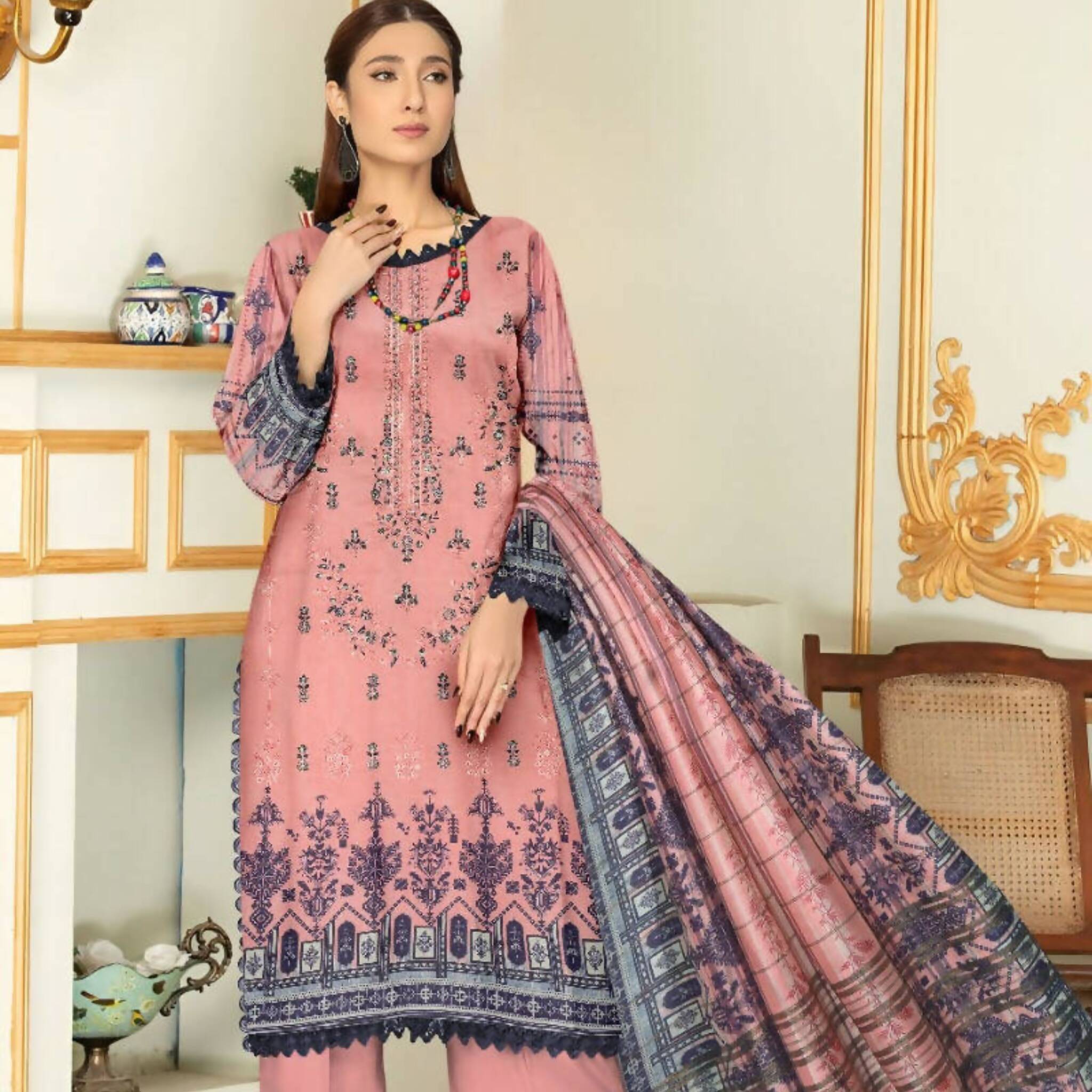 Dress, Embroidered Shirt, Lawn Trouser & Chiffon Dupatta - 3-Piece Set, for Women