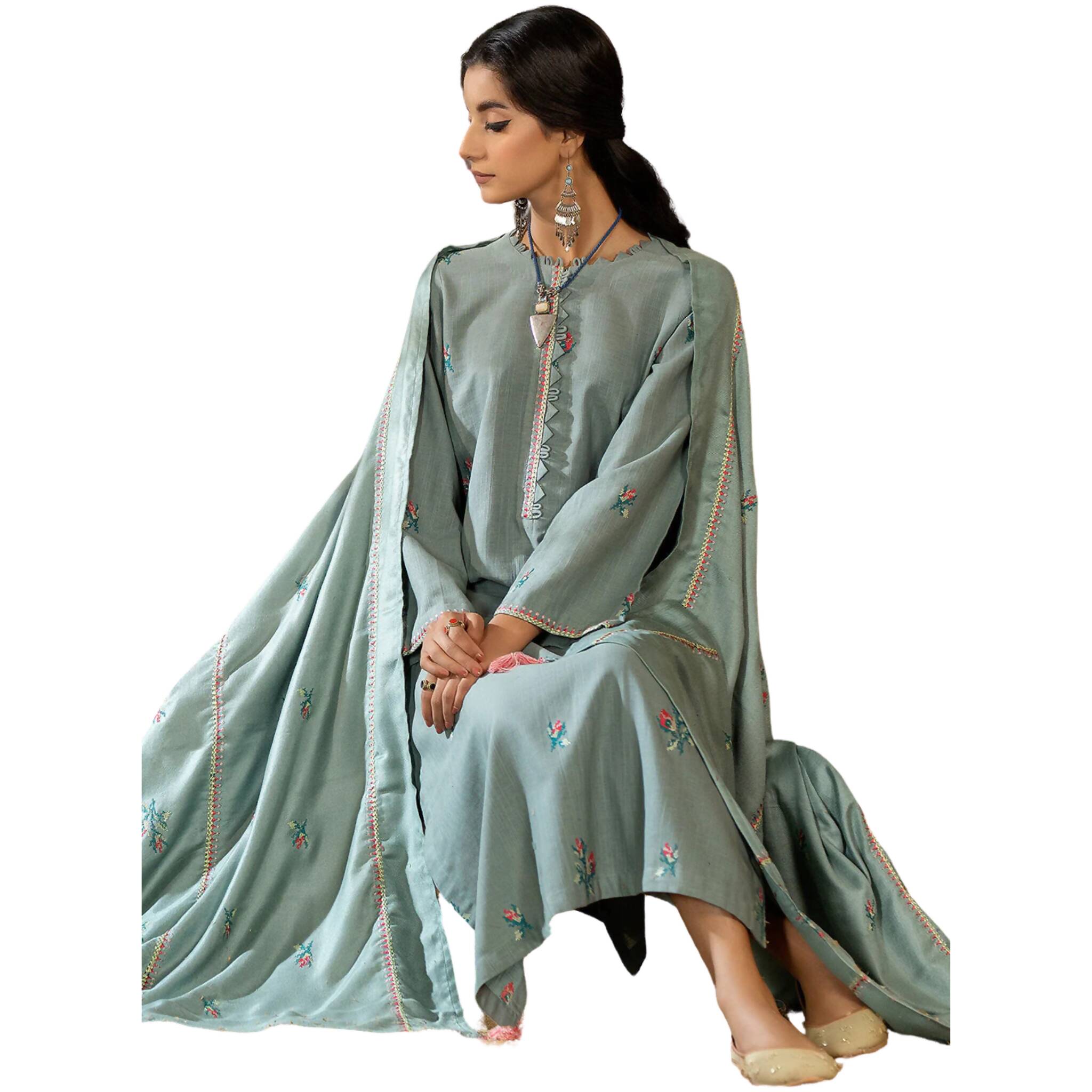 Suit, Sea Green Embroidered 3Pc with Cross-Stitch Vibrant Pink & Green Accents