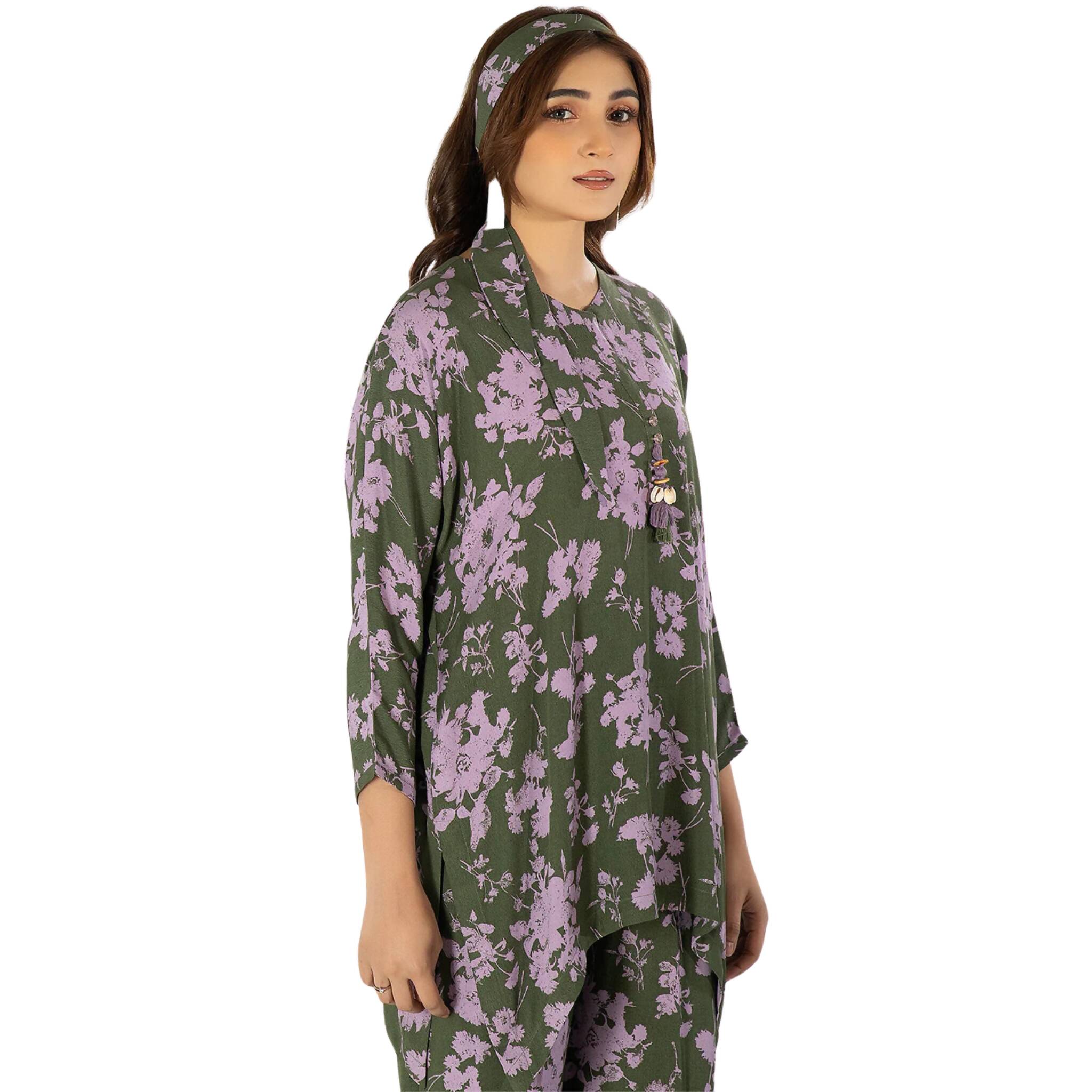 Co-ord Set, Green Purple 2Pc Georgette with Shell & Button Tassel Detailing