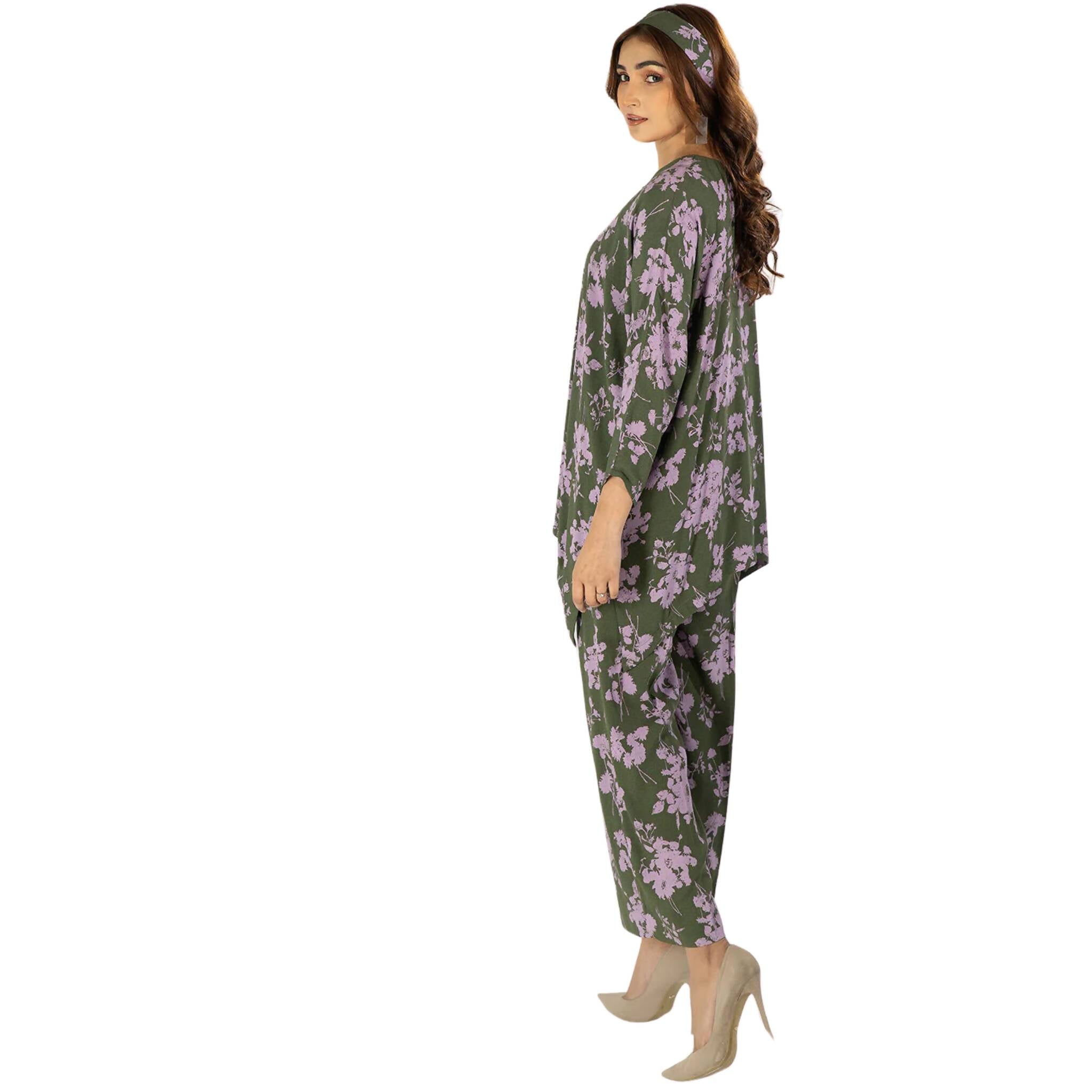 Co-ord Set, Green Purple 2Pc Georgette with Shell & Button Tassel Detailing