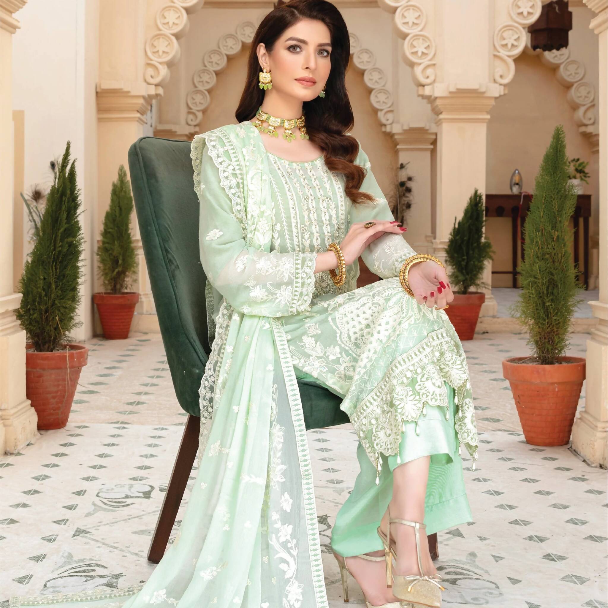 Semi Stitched Crinkle Chiffon Ensemble