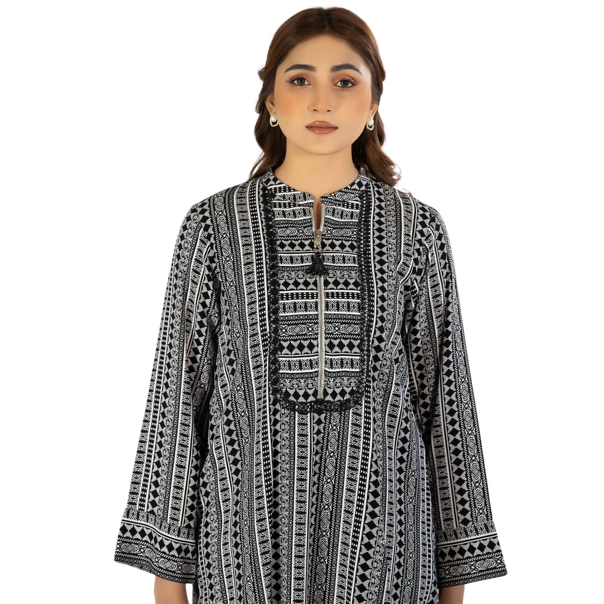 Shirt , Chic Black Stripe Linen with Golden Zip & Stylish Details, for Women